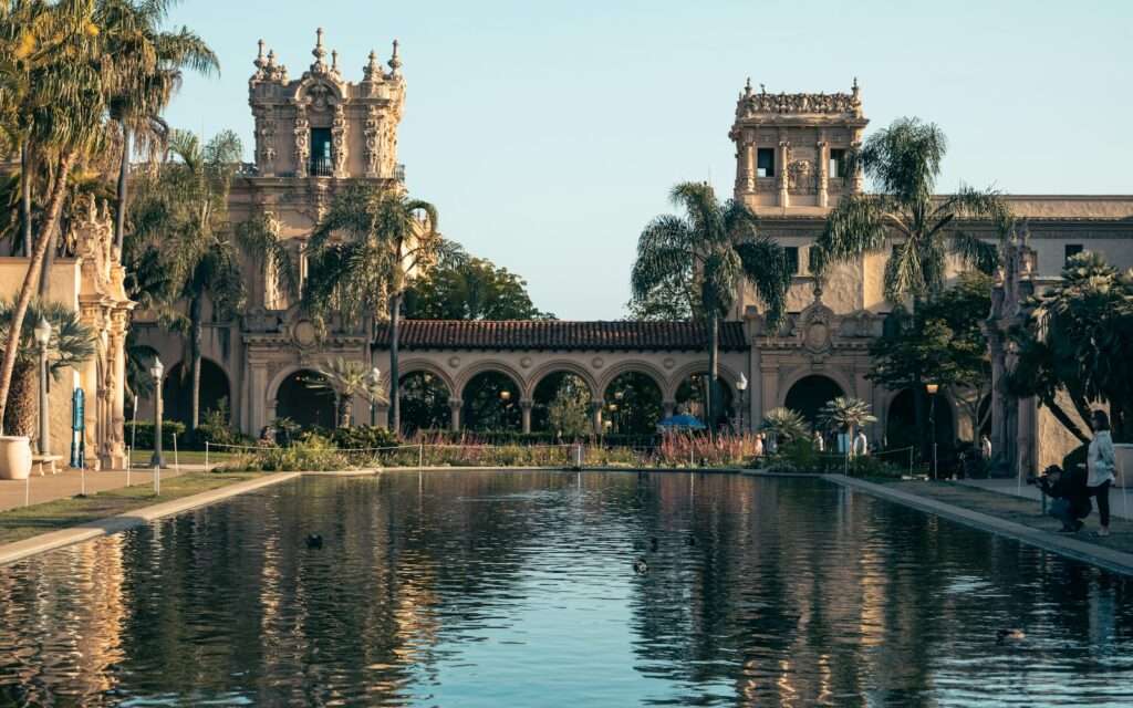 The Lily Pond and Spanish-Colonial buildings of Balboa Park in San Diego